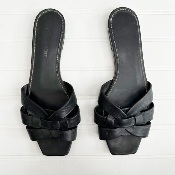 Saint Laurent Tribute Sandal Flat Mules Black Slides Smooth Leather - Picture 1 of 9